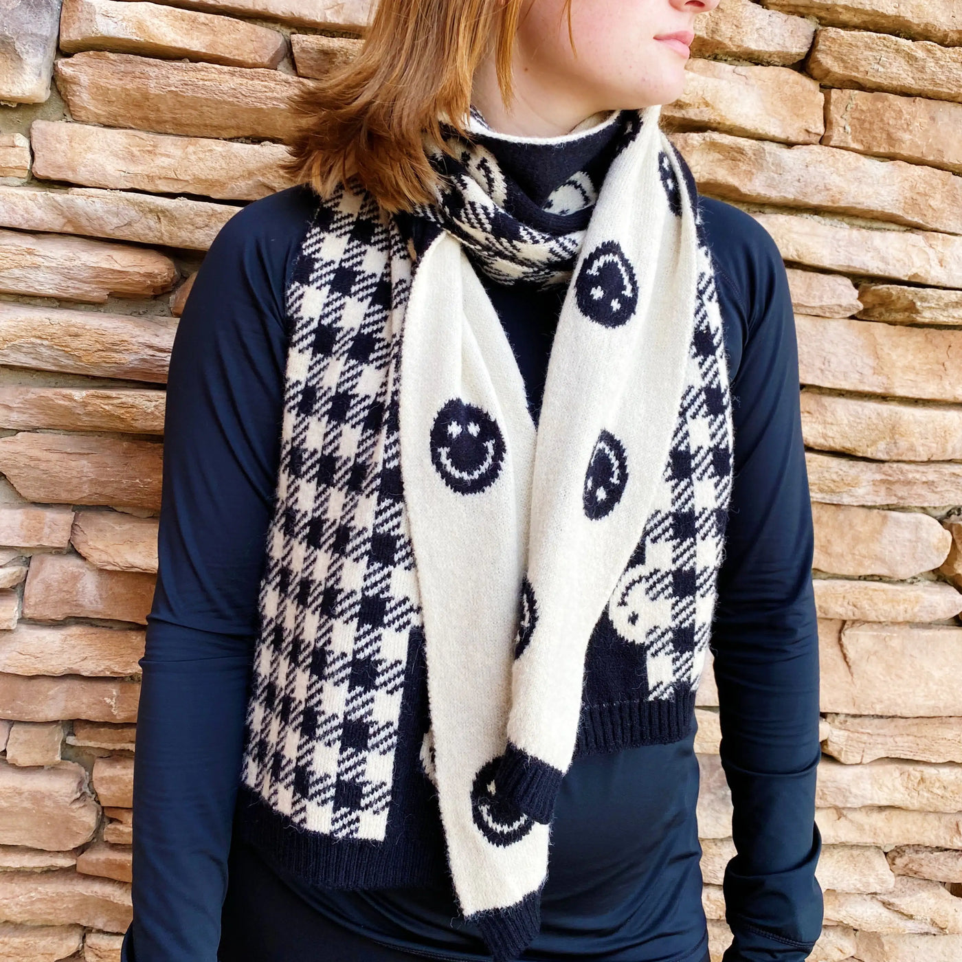 Cozy Reversible Knit Scarf with Happy Face & Checkered Pattern