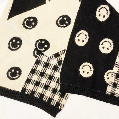 Cozy Reversible Knit Scarf with Happy Face & Checkered Pattern