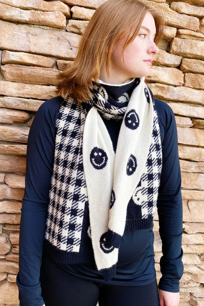 Cozy Reversible Knit Scarf with Happy Face & Checkered Pattern