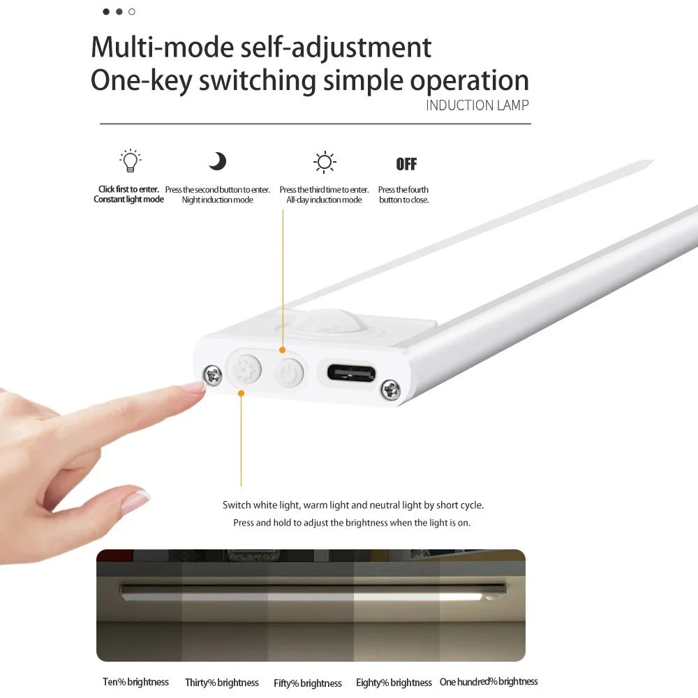 LED Unterbauleuchte mit Bewegungsmelder – 30cm | Wiederaufladbar &amp; Dimmbar (3000mAh) | 3 Farbtemperaturen – Küchen- &amp; Schrankbeleuchtung