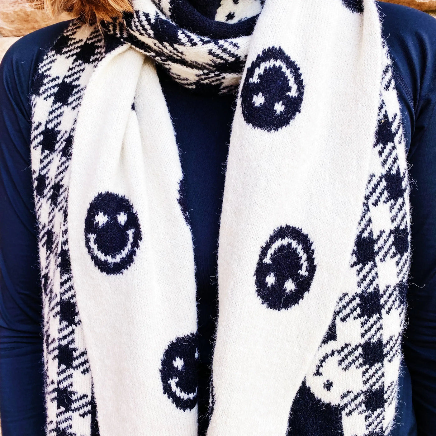 Cozy Reversible Knit Scarf with Happy Face & Checkered Pattern